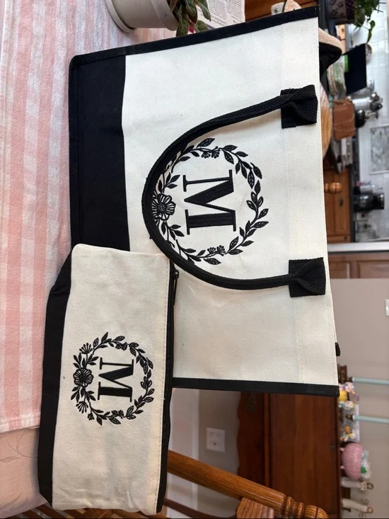 Monogram Canvas Tote & Zip Pouch in Black and Cream - Picture 2 of 5